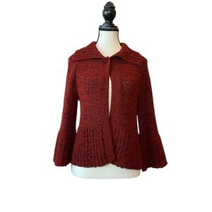JONES NEW YORK BURGUNDY RED CHUNKY KNIT SHORT CARDIGAN 3/4 flared sleeves Size S